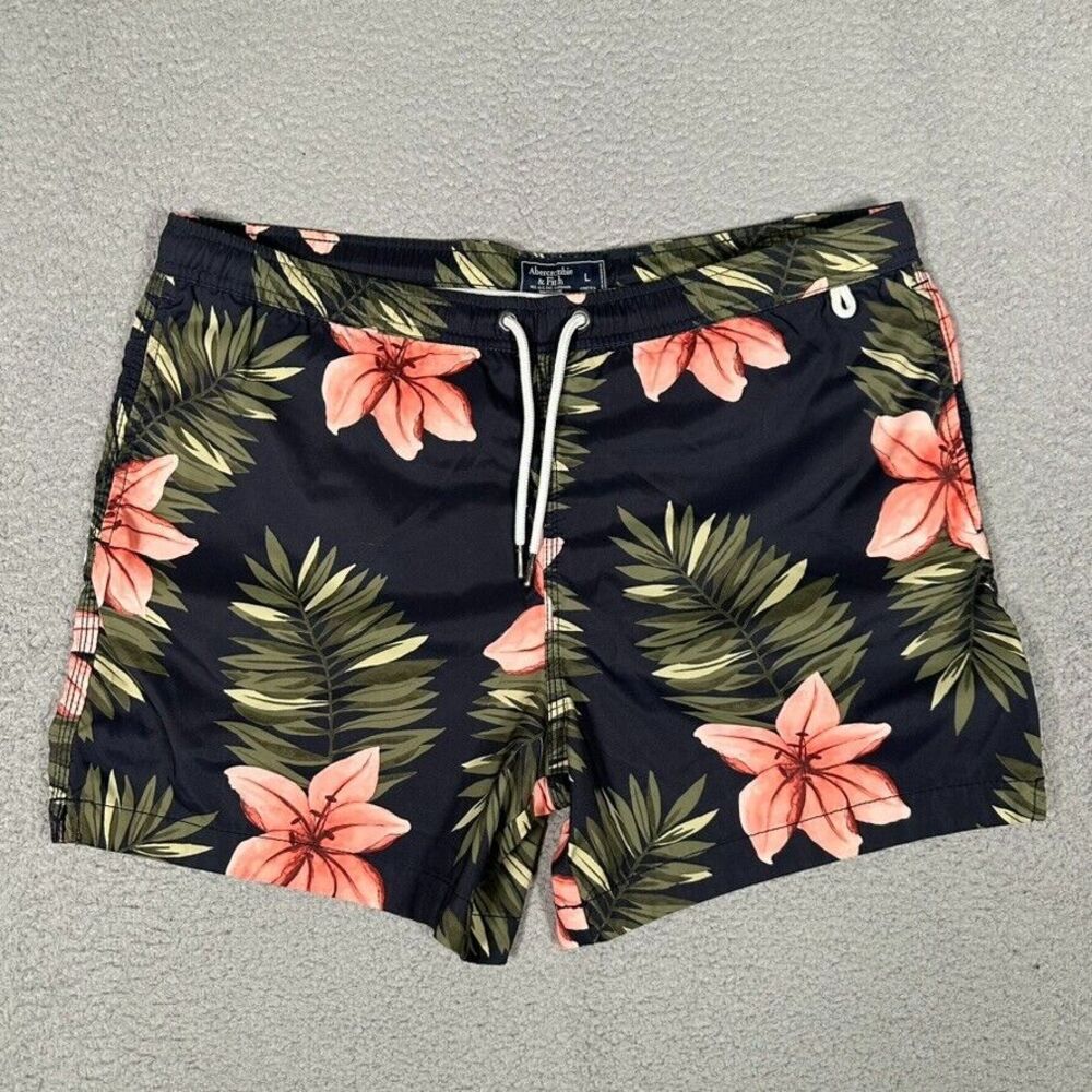 Abercrombie & Fitch Shorts Mens Large Black Floral Lined Swim Trunks Drawstring